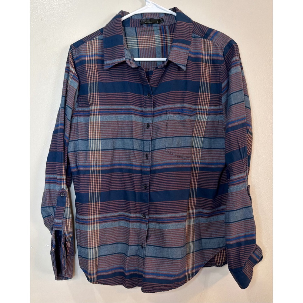Prana Womens Plaid Button Down Shirt‎ Blue Burgundy Roll Tab Sleeve Size Small